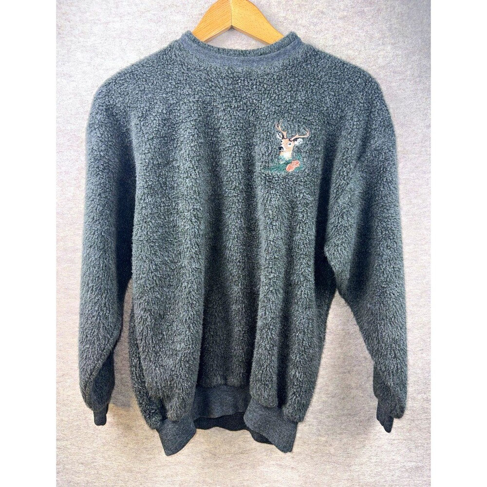 Art Unlimited Women’s M Green Crewneck Fleece Pullover Knit Embroidered Deer
